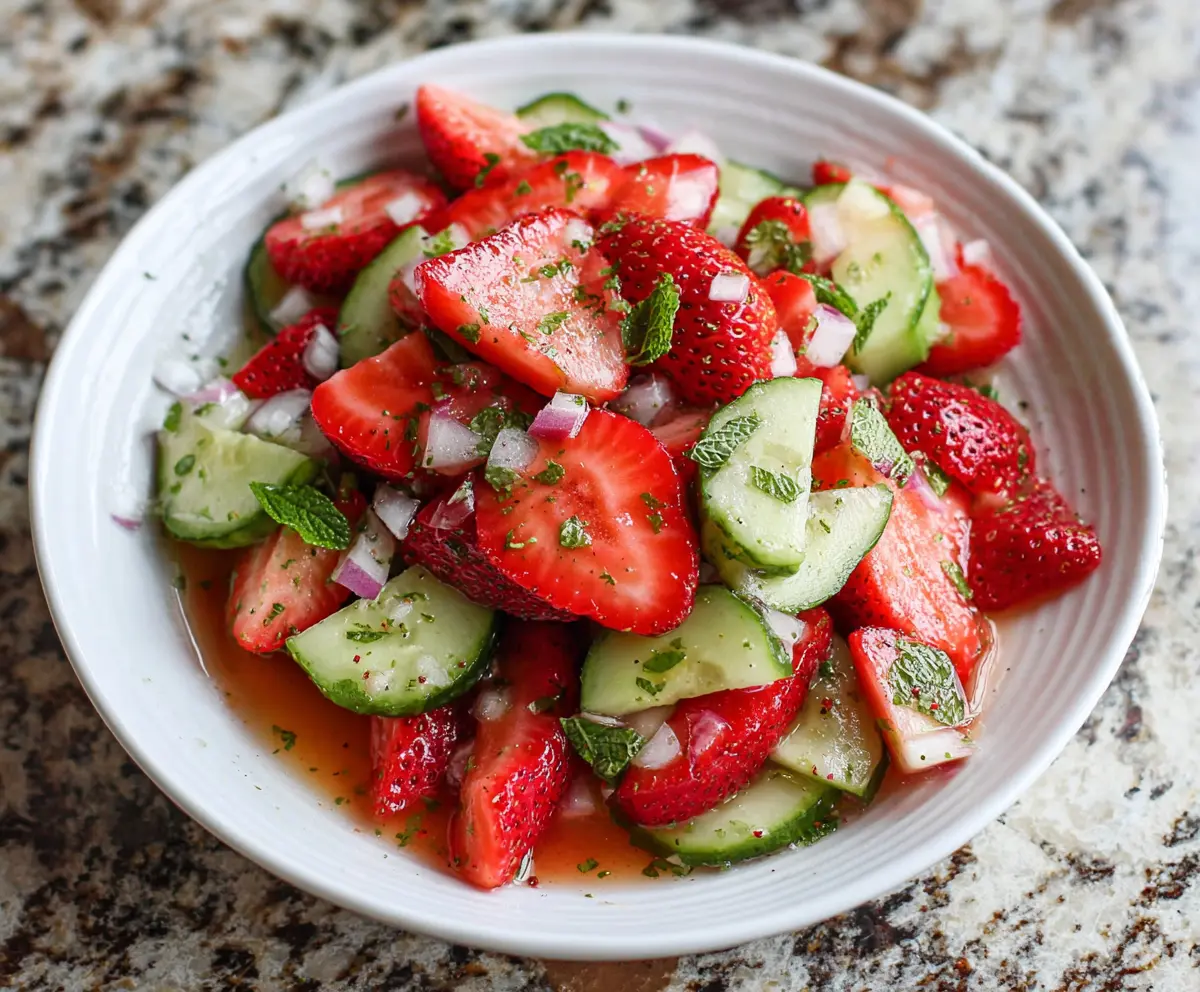 Fresh cucumber and vibrant strawberry salad in a bowl, perfect for a healthy summer meal