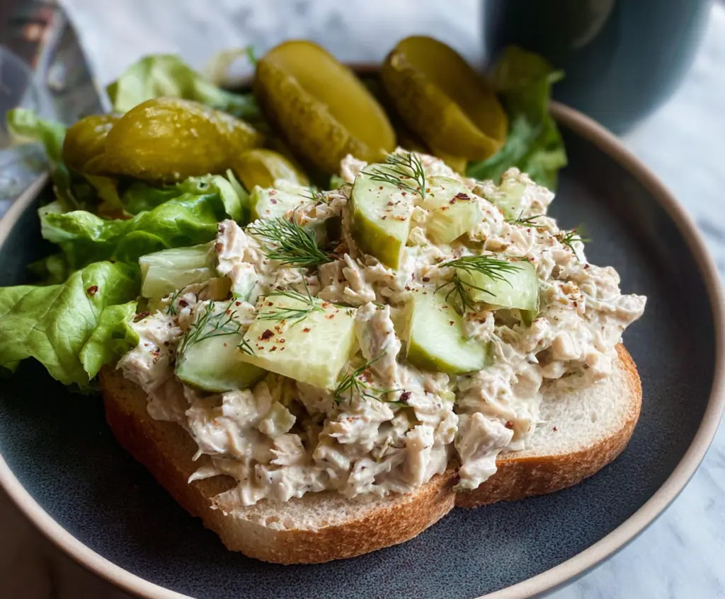 Fresh Dill Pickle Tuna Salad in a bowl, garnished with herbs, perfect for a light lunch.