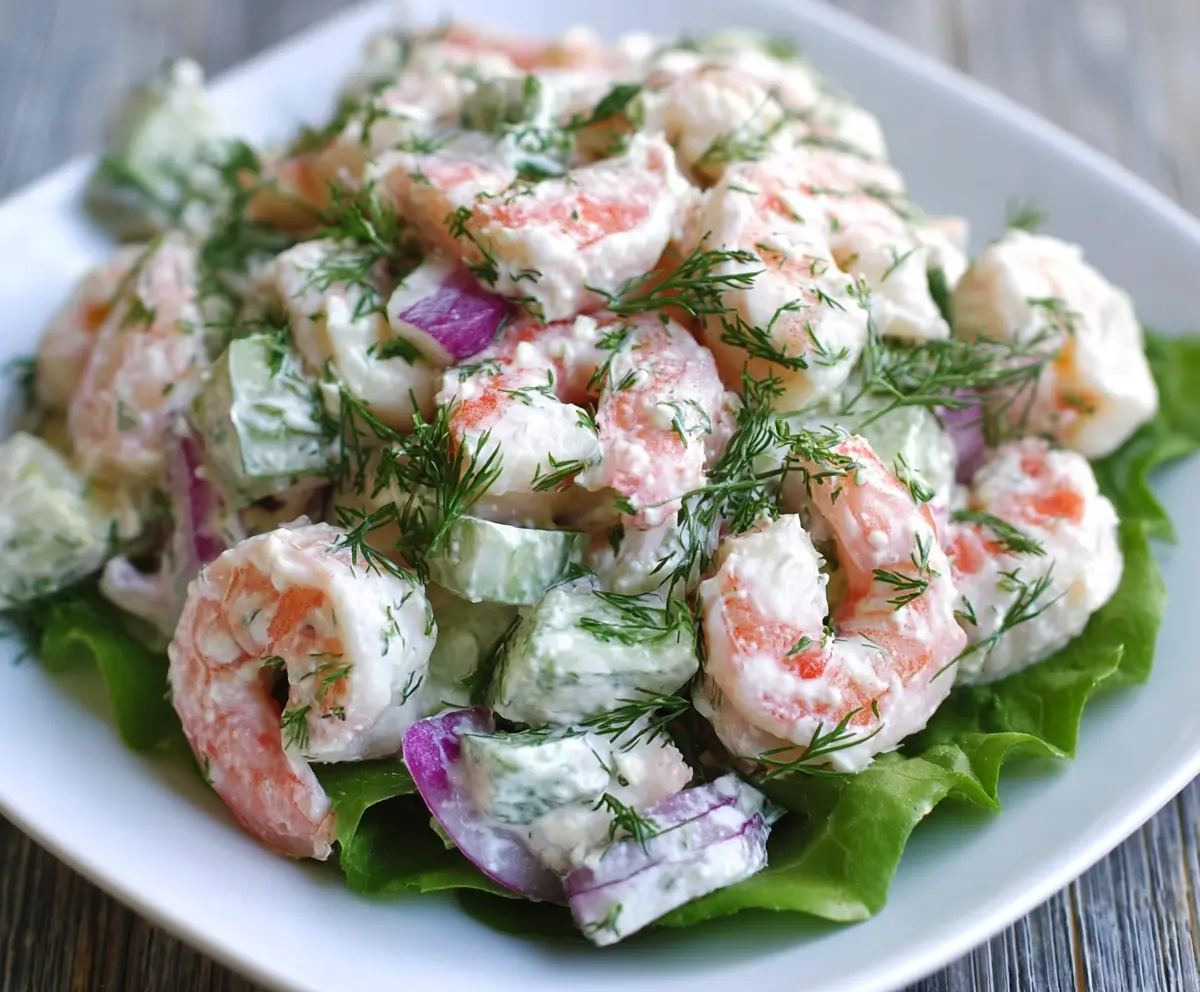 Fresh dill shrimp salad in a bowl with bright vegetables for a refreshing seafood appetizer.