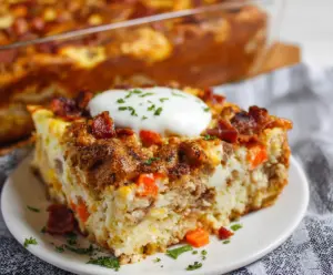 Delicious Easter Breakfast Bake with eggs, cheese, and herbs ready to serve.