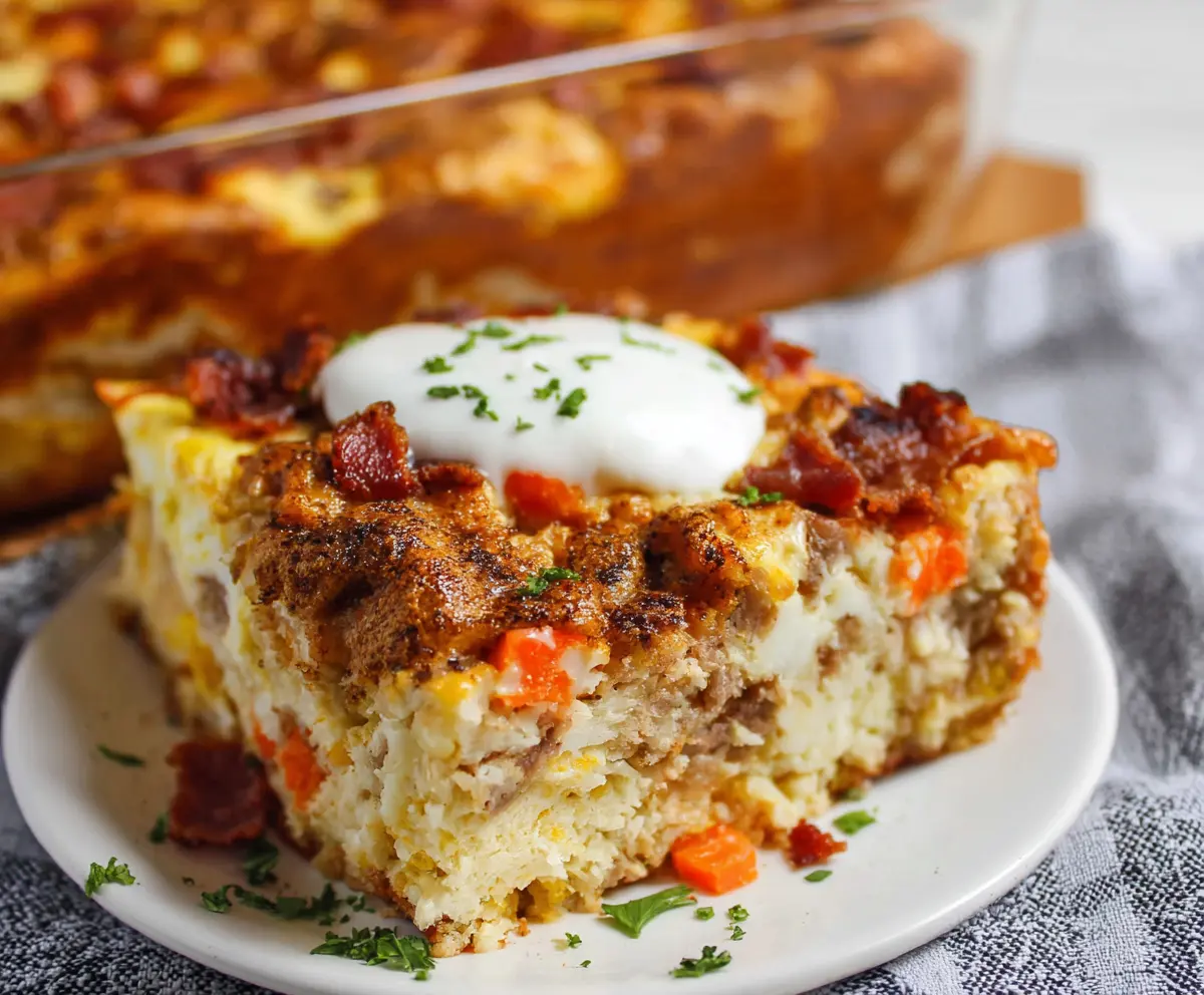 Delicious Easter Breakfast Bake with eggs, cheese, and herbs ready to serve.