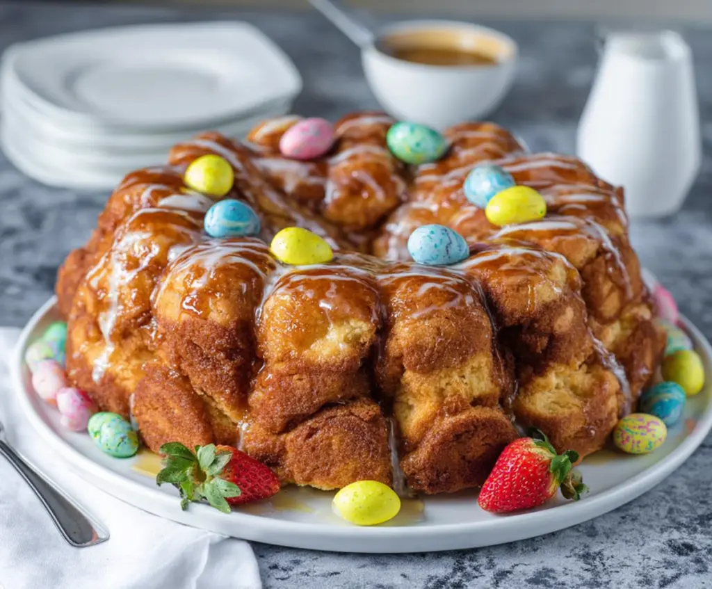 Delicious Easter Brunch Monkey Bread with caramelized topping on a festive table.