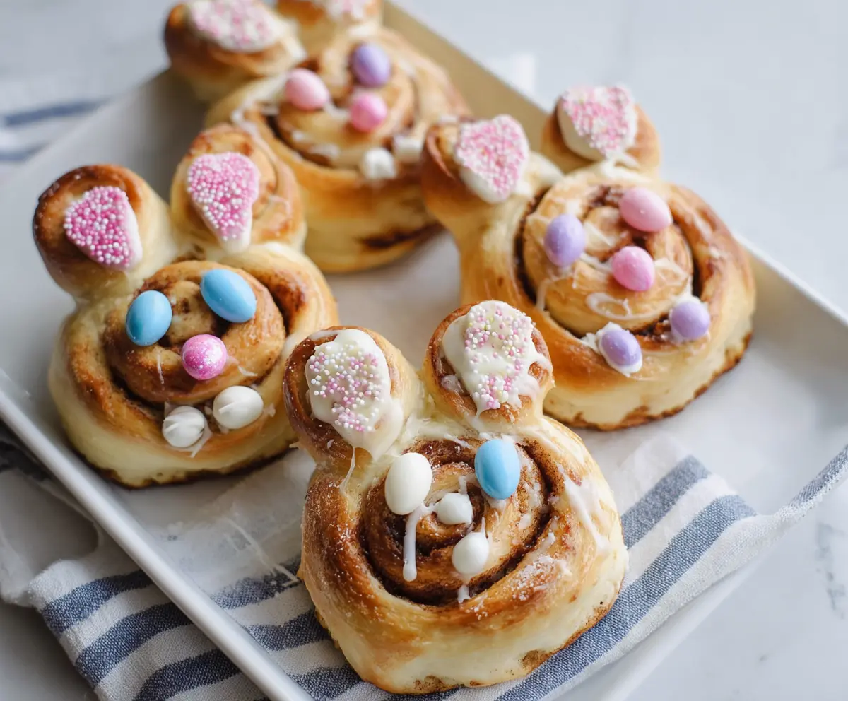 Easter Bunny Cinnamon Rolls decorated with pastel frosting for Easter celebration