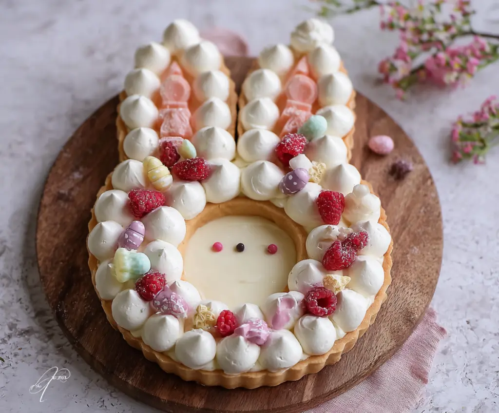 Easter Bunny Cream Tart decorated with colorful candies and chocolate for a festive celebration.