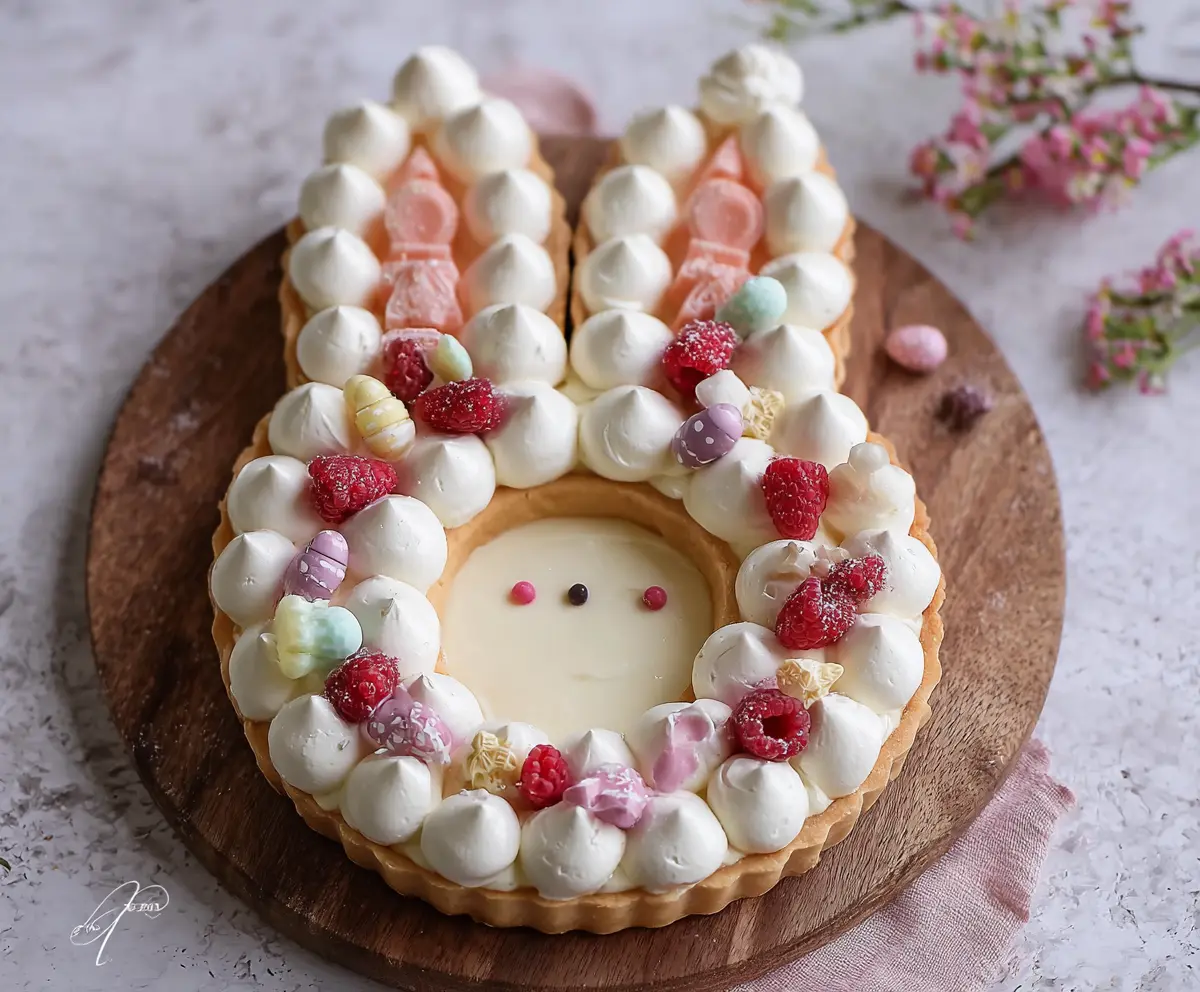 Easter Bunny Cream Tart decorated with colorful candies and chocolate for a festive celebration.