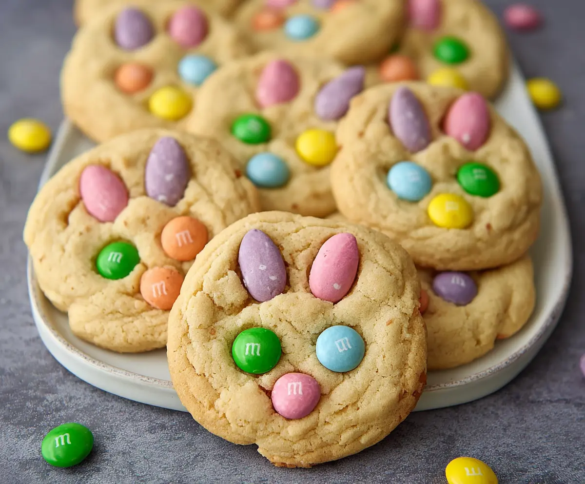 Delicious Easter Bunny M&M's cookies with colorful candy decorations for Easter celebration.
