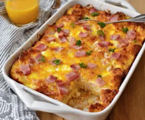 Easter cheesy ham and egg casserole served in a baking dish with fresh herbs