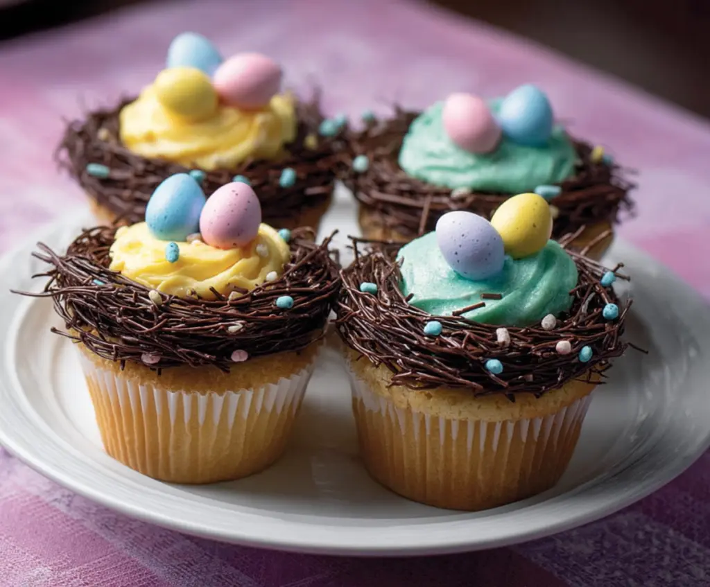 Delicious Easter Egg Nest Cupcakes topped with colorful candy eggs for festive celebration.