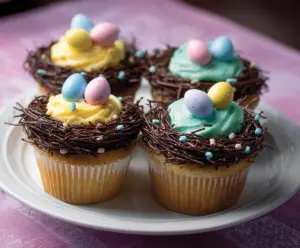 Delicious Easter Egg Nest Cupcakes topped with colorful candy eggs for festive celebration.