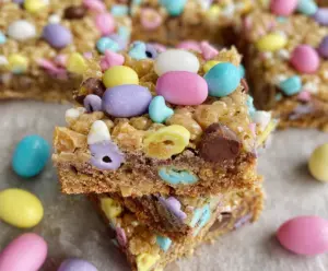 Delicious homemade Easter Goody Bars with colorful candies and chocolate layers.