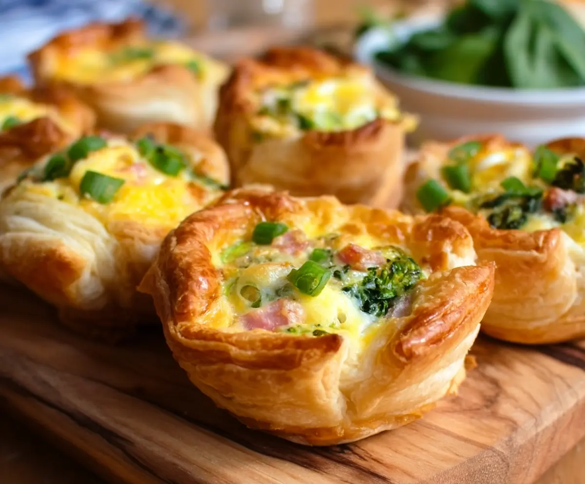 Mini Easter Puff Pastry Quiche Cups filled with cheese and vegetables for a festive brunch