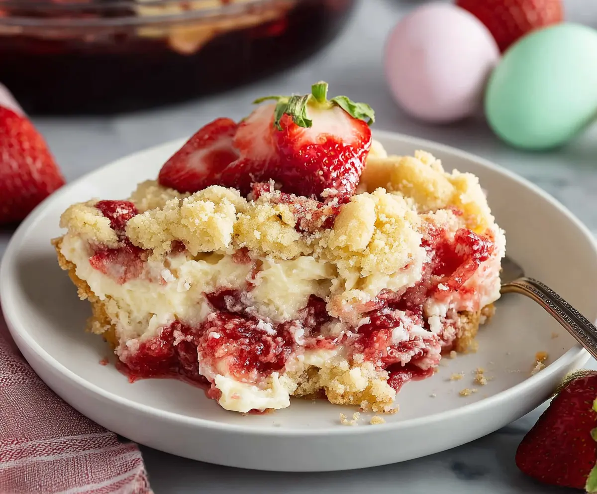 Delicious Easter Strawberry Cheesecake Dump Cake with fresh strawberries and creamy cheesecake topping