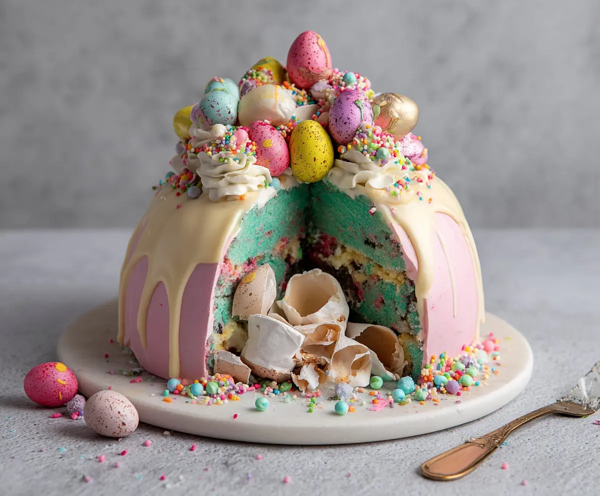 Colorful Epic Easter Egg Smash Cake decorated with vibrant pastel frosting and festive Easter eggs.