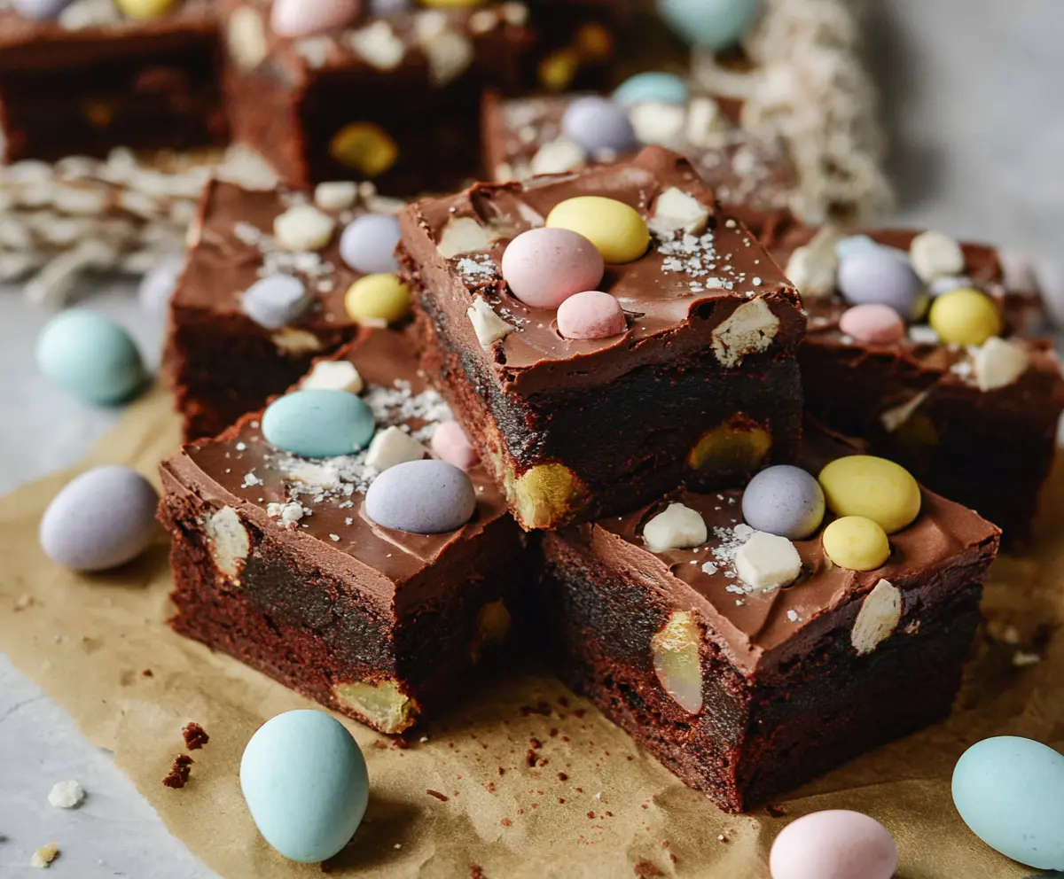 Delicious Frosted Mini Egg Easter Brownies with colorful mini eggs and rich chocolate frosting