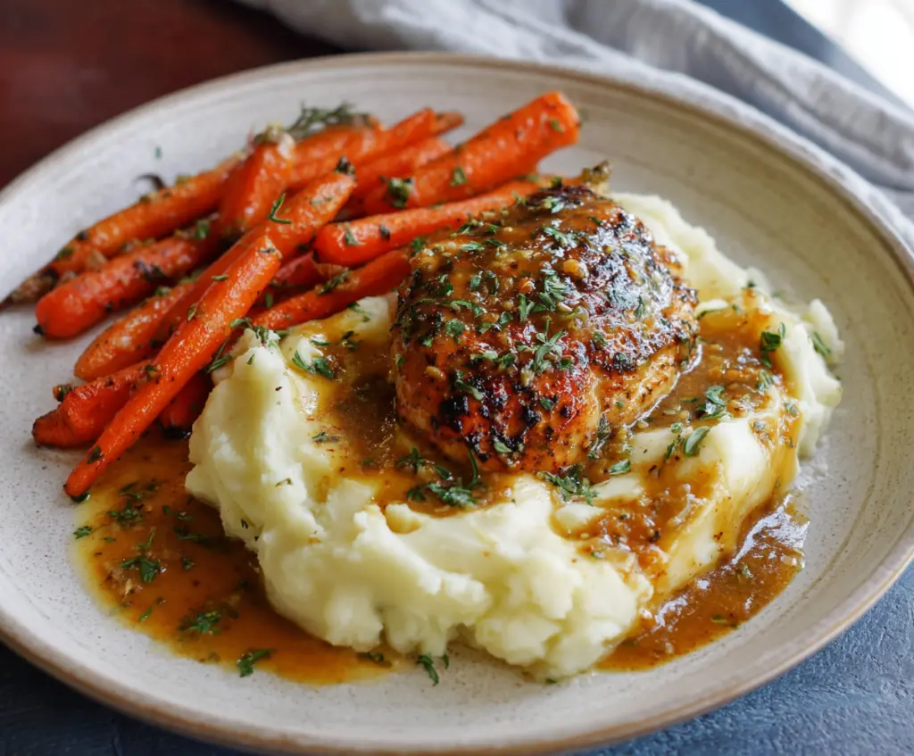 Delicious garlic herb chicken served with creamy mashed potatoes and glazed carrots on a dinner plate.