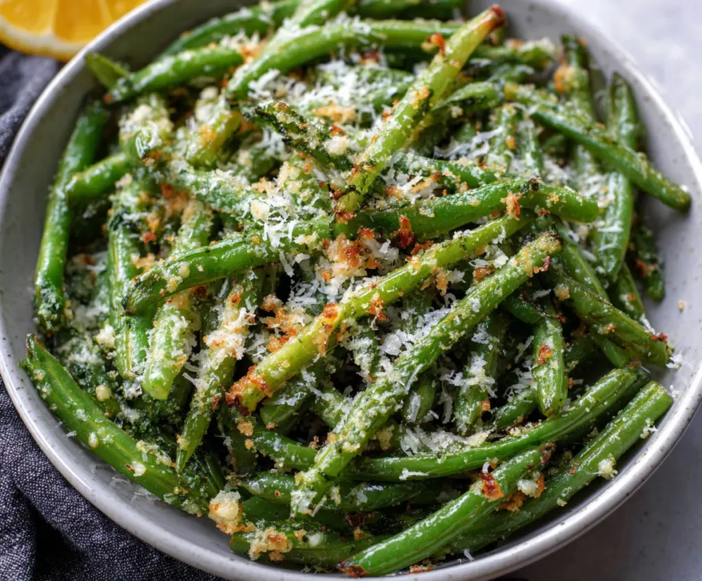 Crispy garlic Parmesan green beans served on a white plate, garnished with fresh herbs