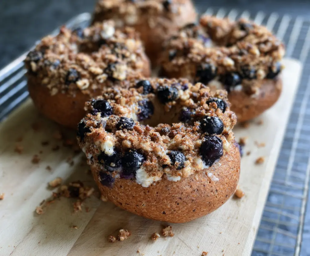 Greek Yogurt Blueberry Crunch Bagels on a plate with fresh blueberries