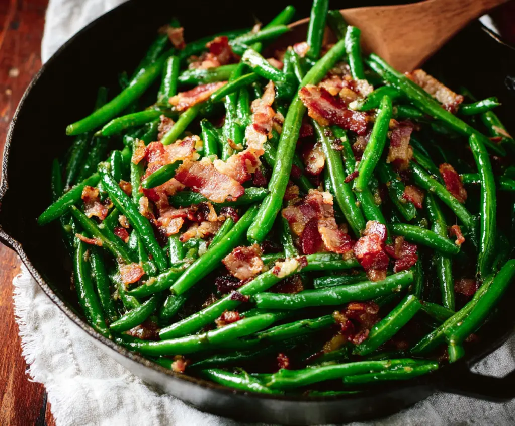 Delicious green beans cooked with crispy bacon for a flavorful side dish