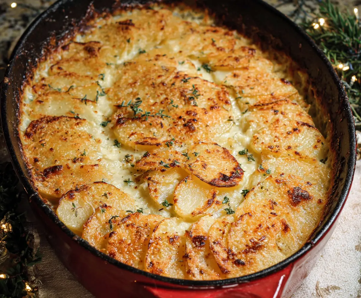 Creamy Gruyere Potato Gratin served in a rustic dish, highlighting melted cheese and golden browned potatoes.