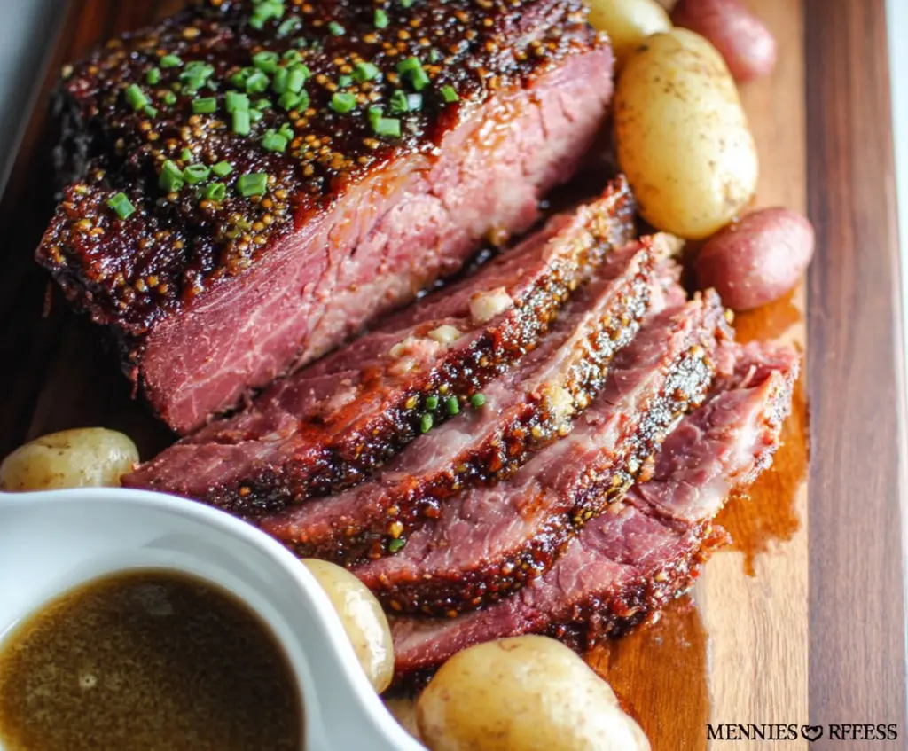 Savory Guinness Braised Corned Beef served with cabbage and potatoes on a rustic plate.