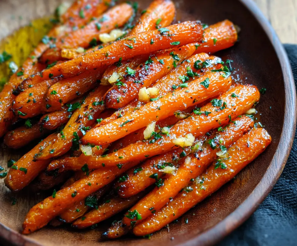 Delicious honey garlic roasted carrots served on a plate, showcasing a glossy glazed finish and fresh green garnishes.