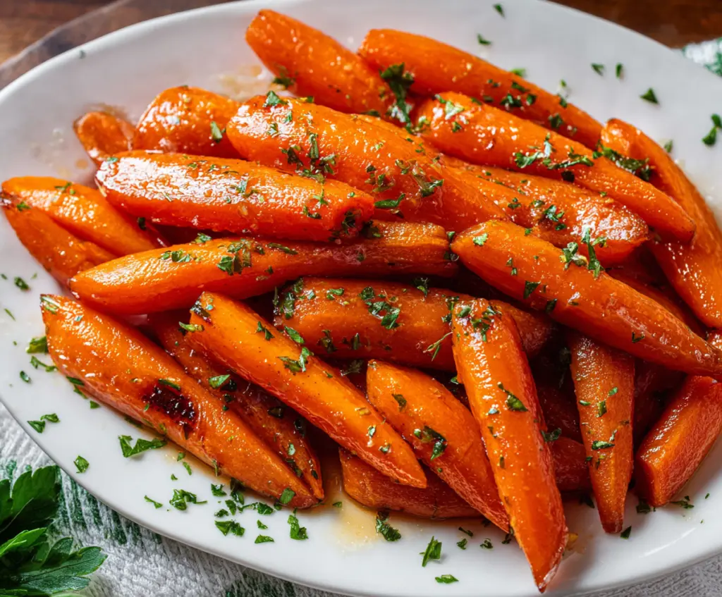 Delicious honey glazed carrots garnished with fresh herbs on a white plate