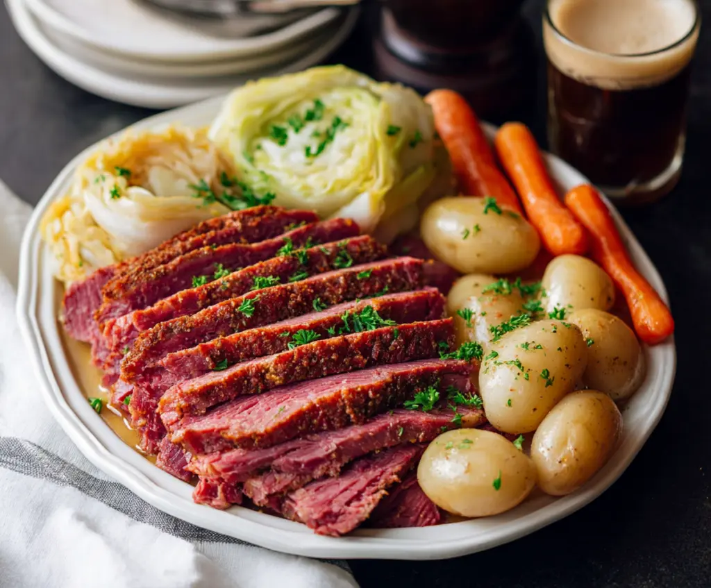 Delicious homemade Instant Pot corned beef and cabbage served with fresh vegetables.