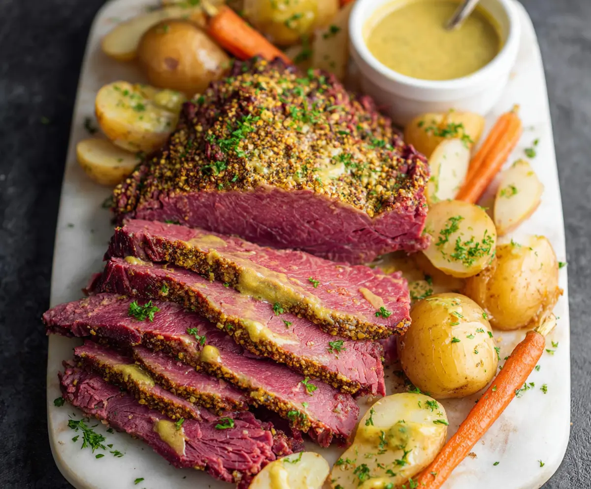 Juicy Instant Pot Corned Beef with a shiny mustard glaze served on a platter.
