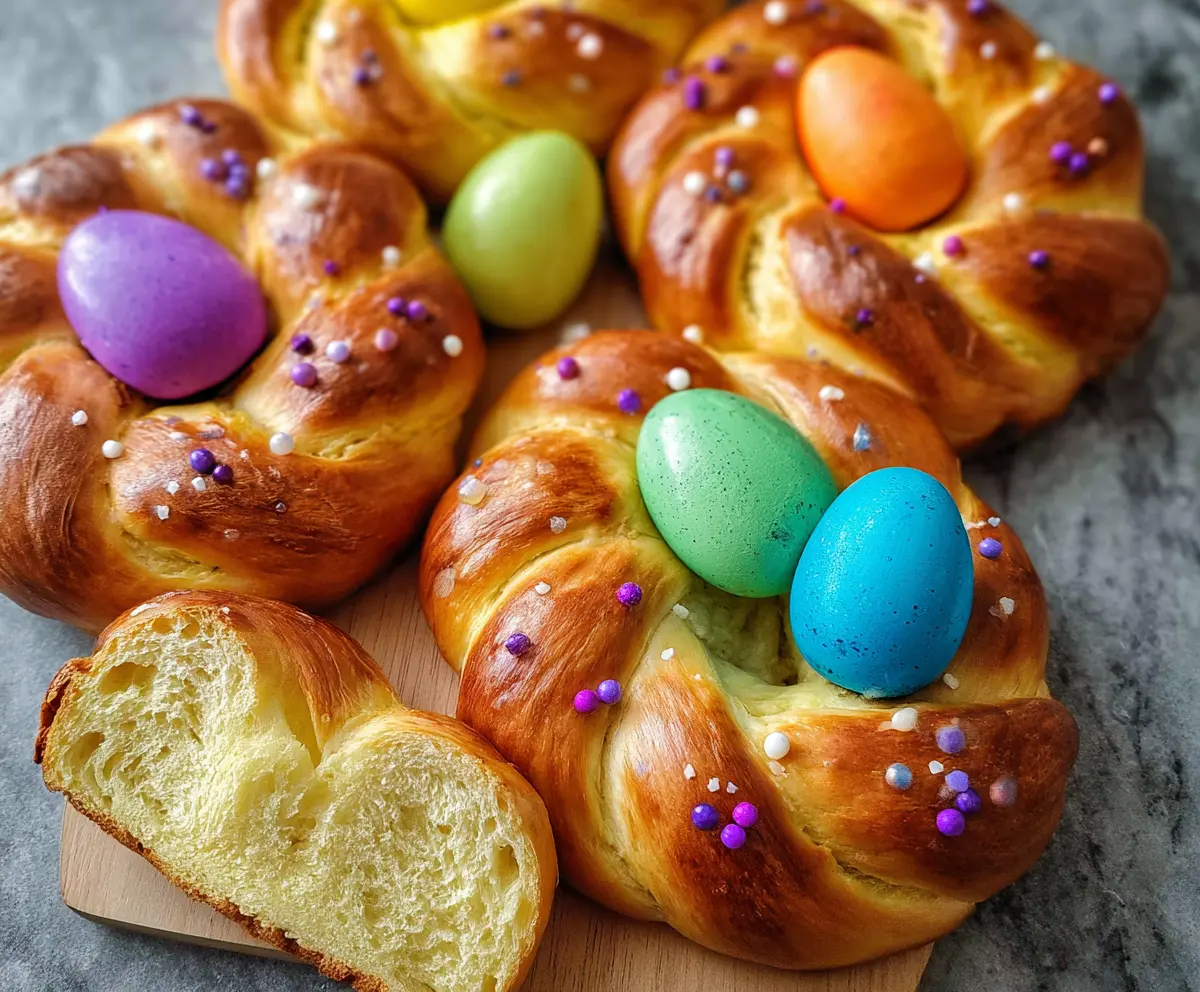 Decorative Italian Easter bread topped with vibrant, colorful eggs for a festive celebration.