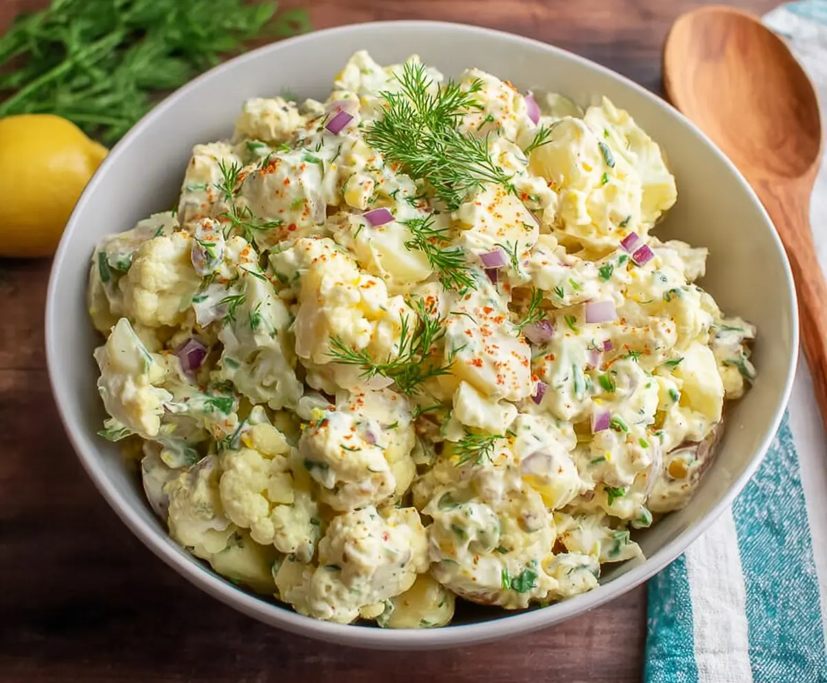 Keto cauliflower potato salad with fresh herbs and creamy dressing, low-carb vegetarian side dish.