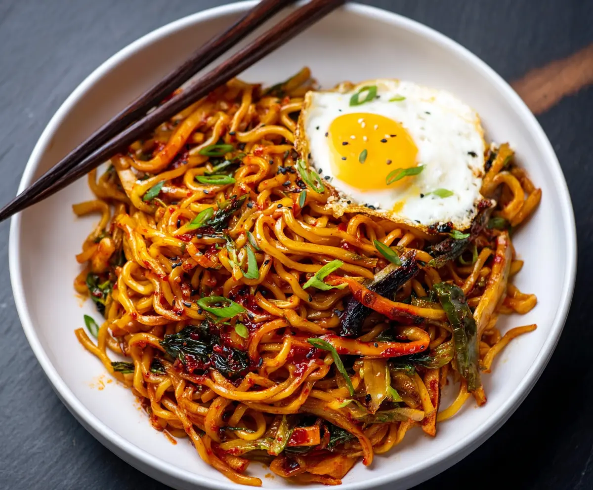 Delicious Kimchi Fried Noodles served hot in a bowl with garnishes.