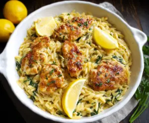 Delicious lemon chicken served with creamy orzo pasta on a white plate