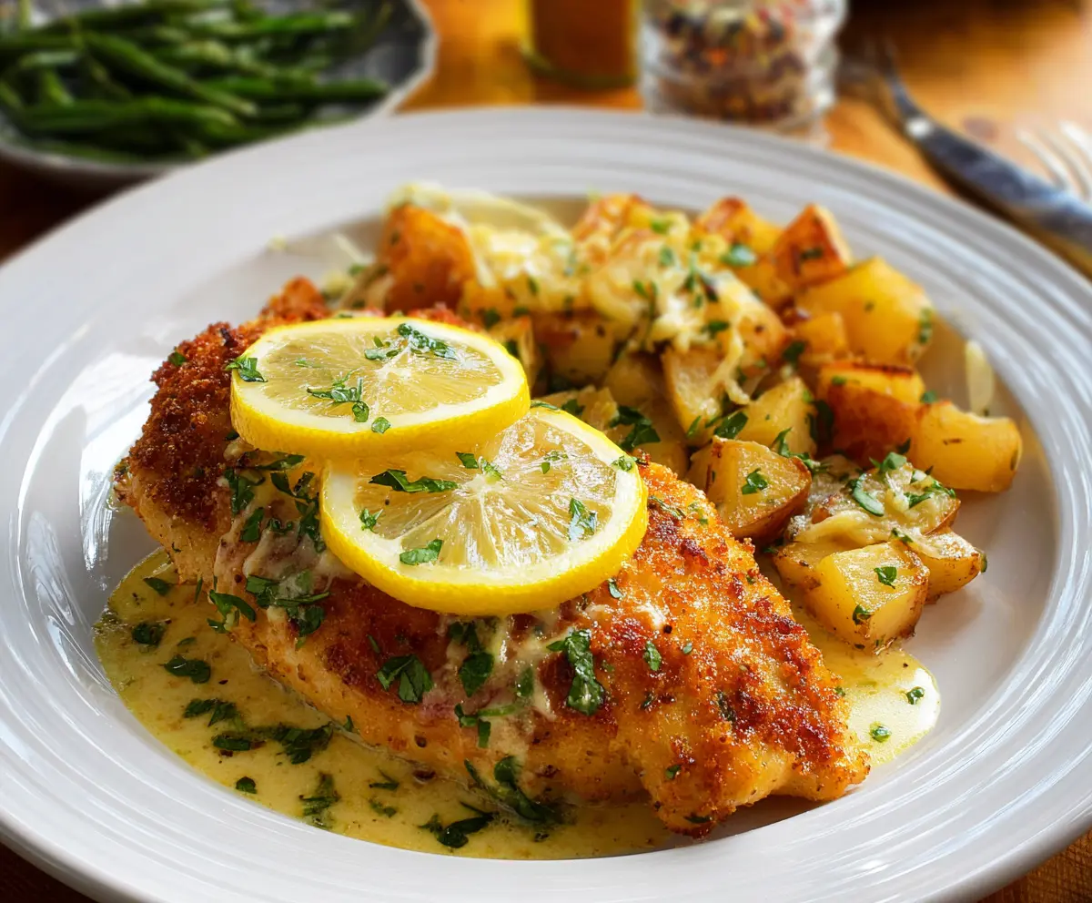 Delicious Lemon Chicken Romano dish garnished with fresh herbs on a rustic platter.