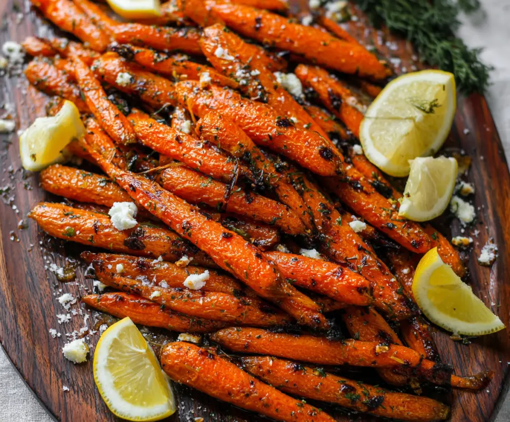 Baking lemon Dijon roasted carrots on a baking sheet garnished with fresh herbs for a healthy side dish.