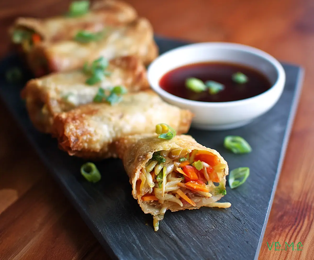 Delicious Lo Mein Spring Rolls with fresh vegetables and savory dipping sauce
