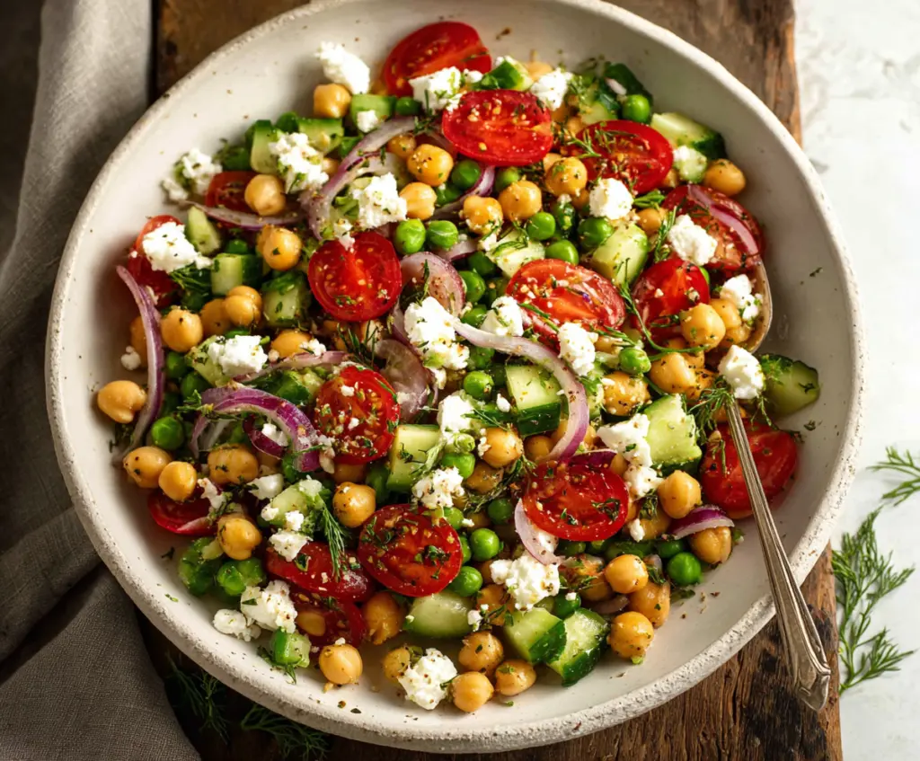 Fresh Mediterranean Pea Salad with cucumbers, feta cheese, and olives in a white bowl