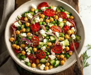Fresh Mediterranean Pea Salad with cucumbers, feta cheese, and olives in a white bowl