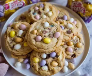 Delicious mini egg cookies topped with colorful confectionery eggs, perfect for Easter celebrations.