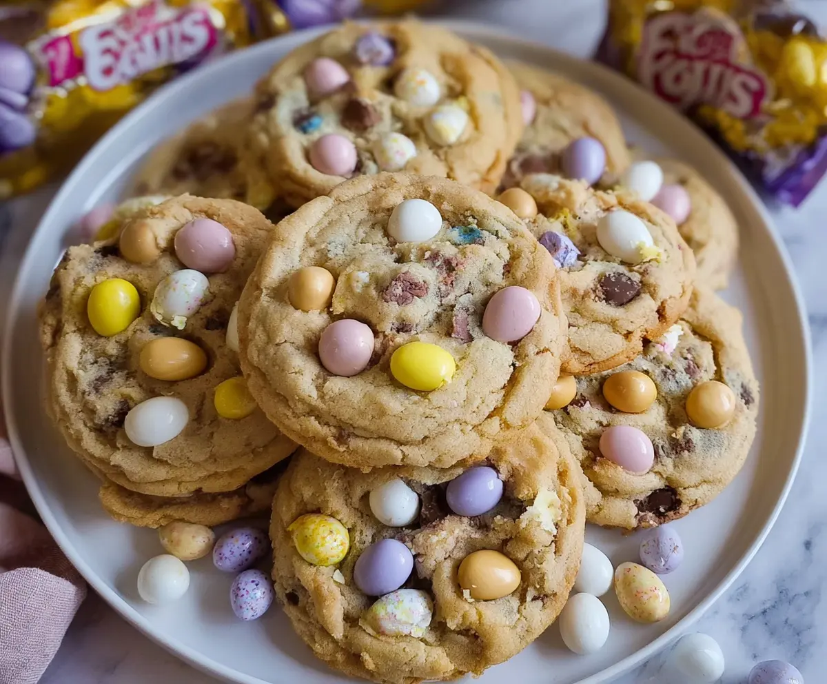 Delicious mini egg cookies topped with colorful confectionery eggs, perfect for Easter celebrations.