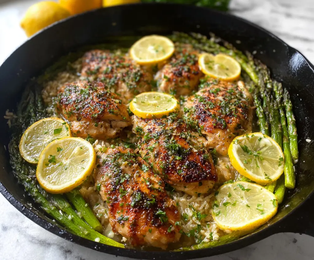 Delicious one pan lemon herb chicken with fresh asparagus on a rustic wooden table.