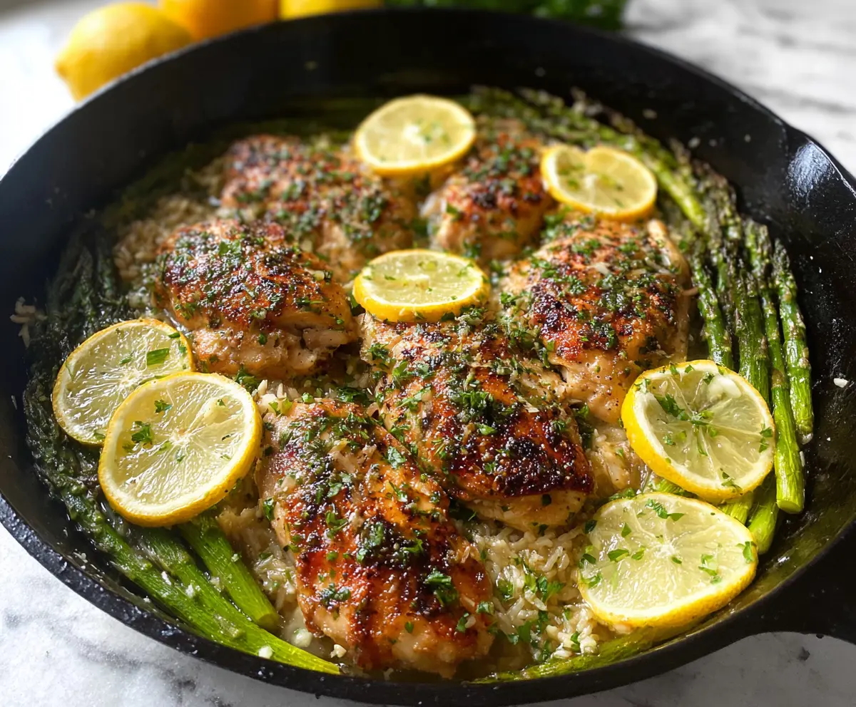 Delicious one pan lemon herb chicken with fresh asparagus on a rustic wooden table.