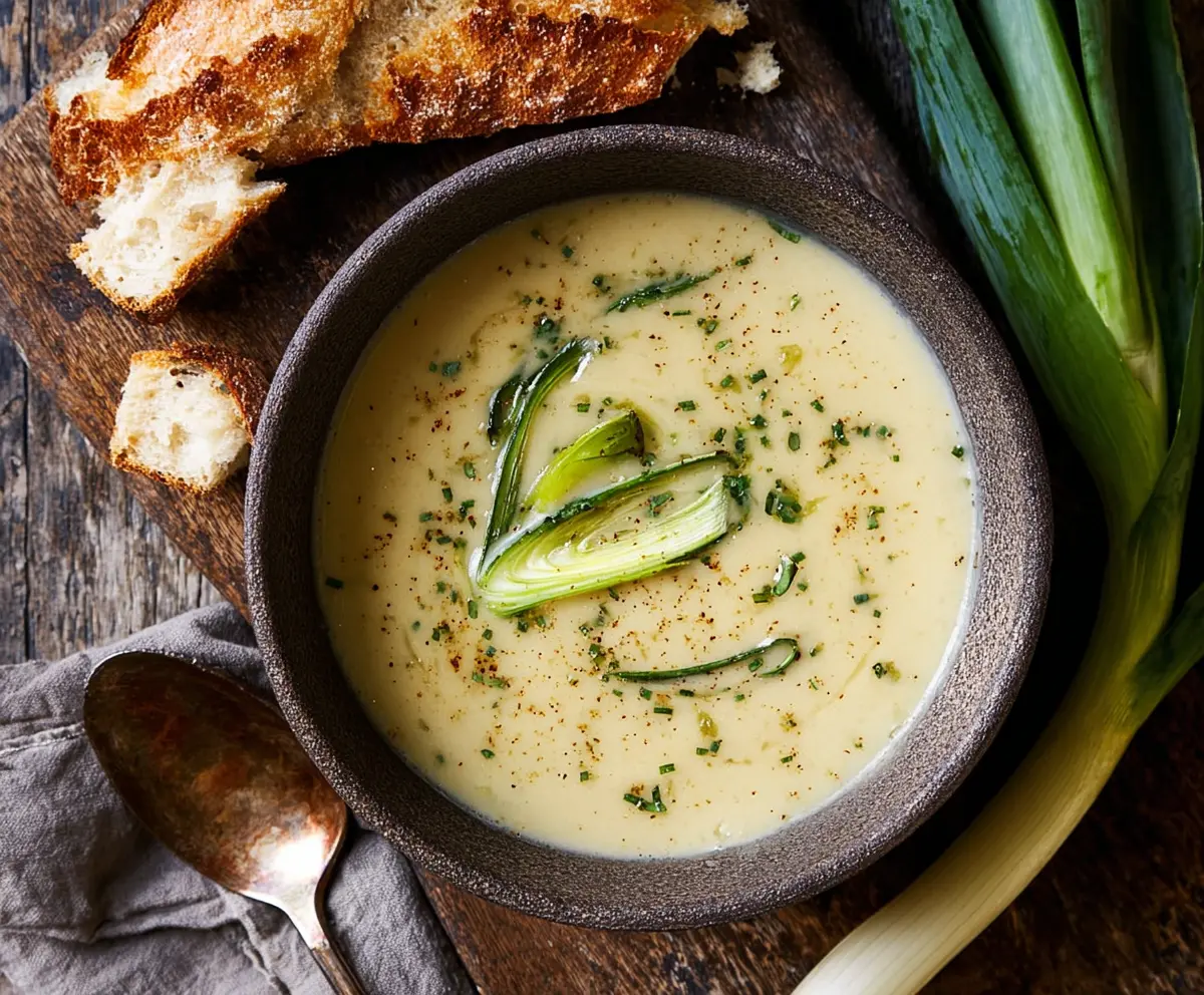 Creamy leek and potato soup served in a bowl, garnished with fresh herbs for a comforting meal.