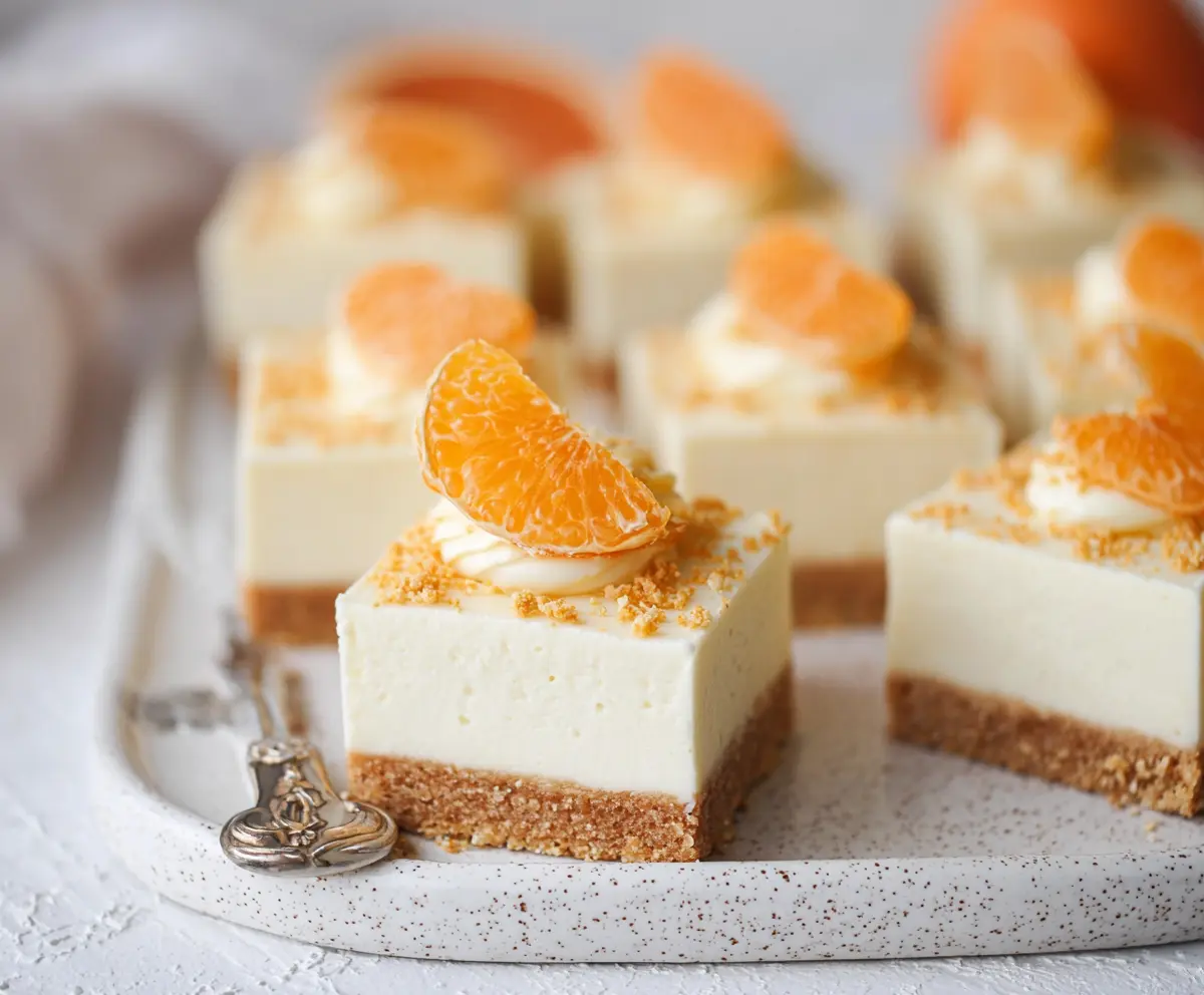 Creamy Orange Creamsicle Cheesecake Bars with a vibrant orange topping and graham cracker crust.