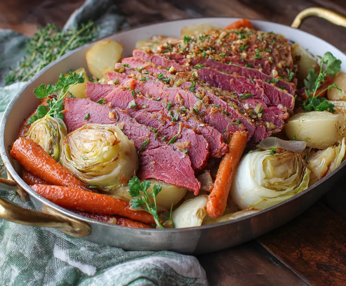 Oven roasted corned beef with tender cabbage served on a plate, perfect for a hearty meal.