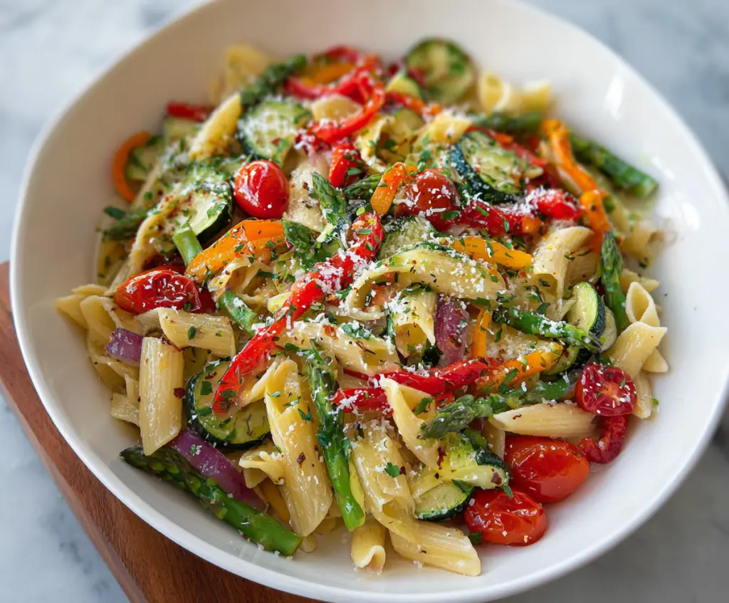 Colorful plate of Pasta Primavera with fresh vegetables and herbs.