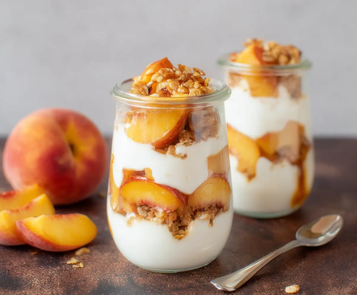 Delicious Peach Yogurt Parfait with fresh peaches and creamy yogurt layered in a glass