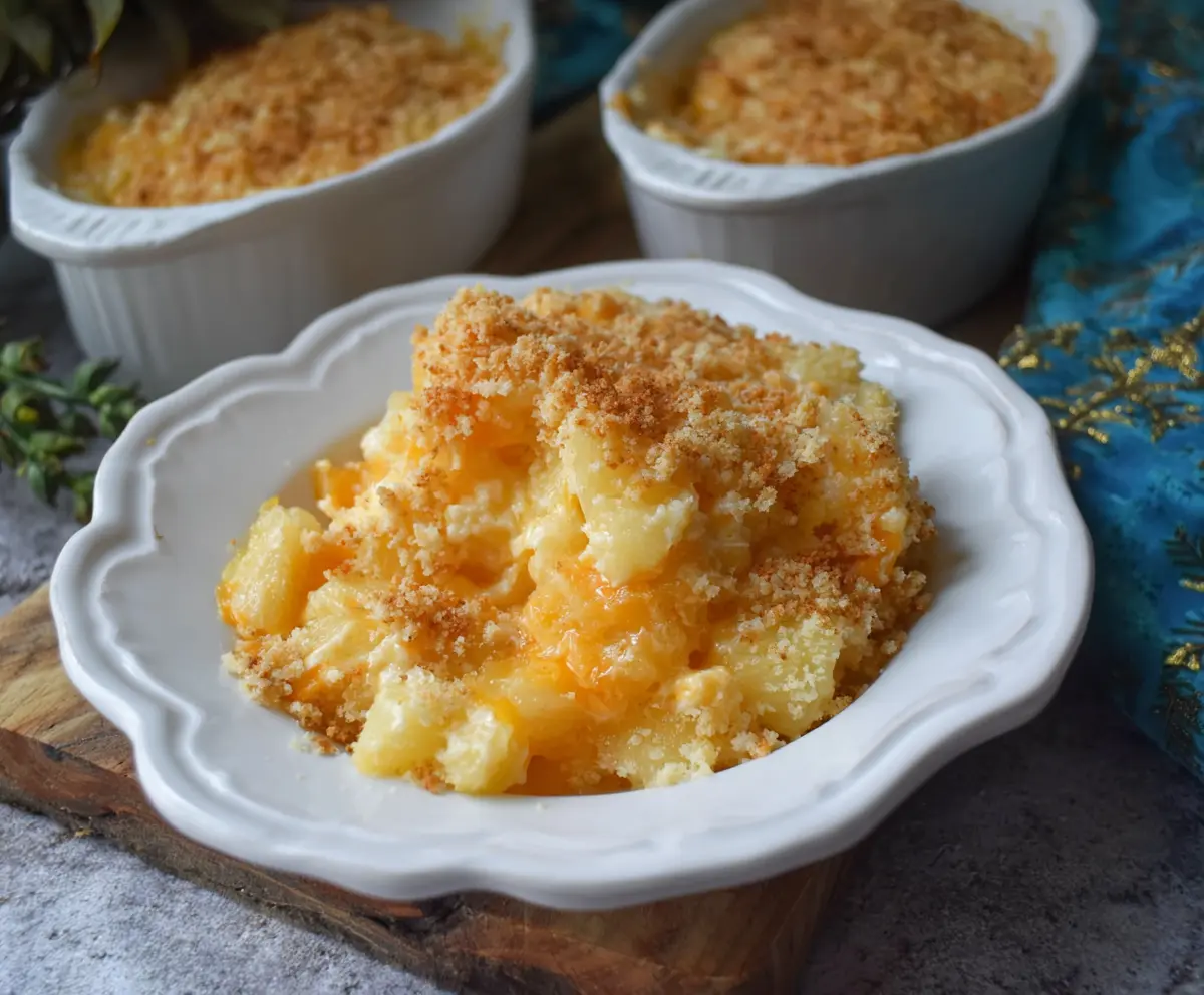 Delicious Pineapple Cheese Casserole topped with melted cheese and fresh pineapple chunks