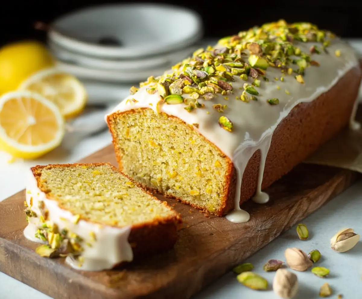 Delicious Pistachio Lemon Pound Cake with a golden crust and fresh lemon slices on top.