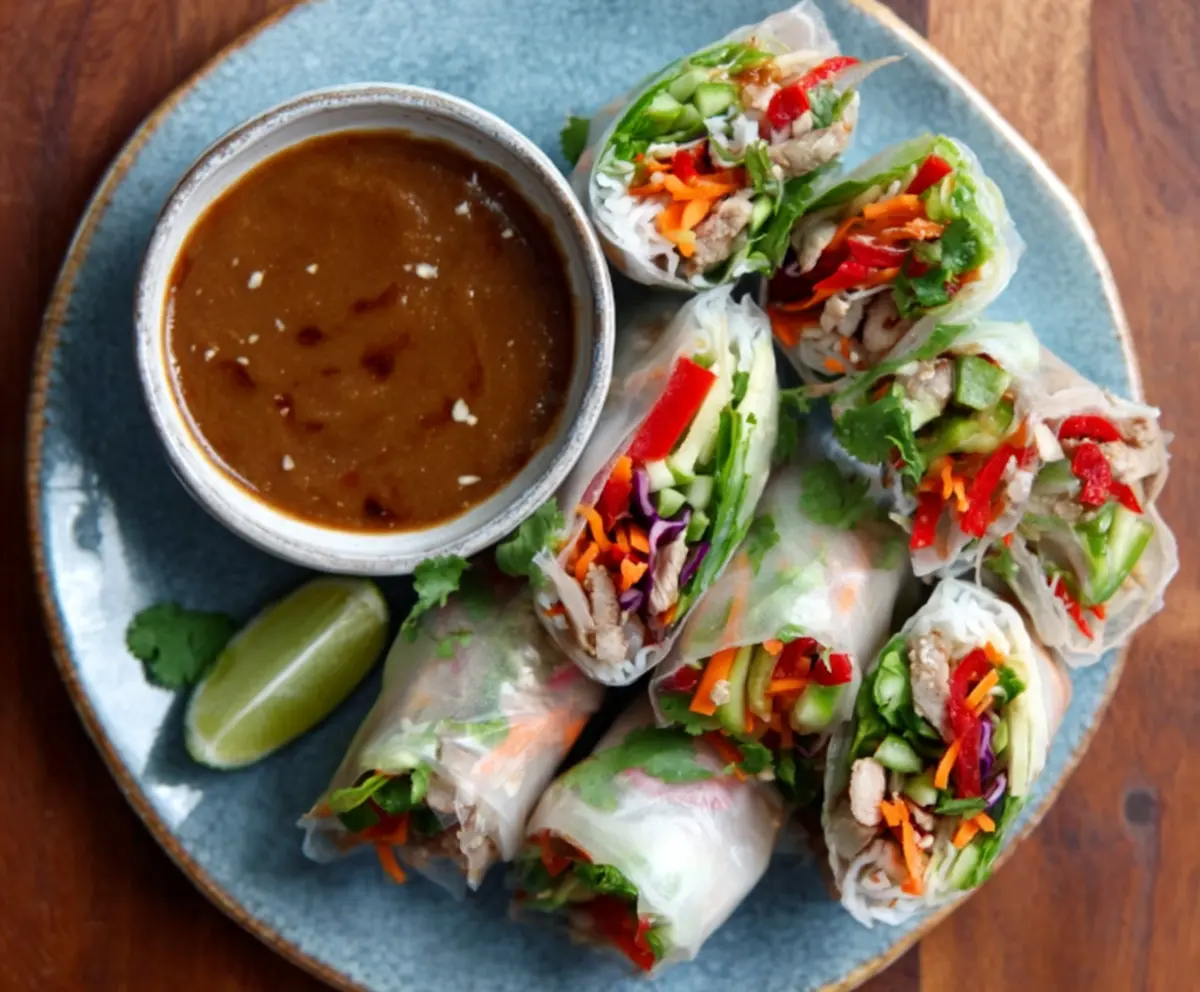 Fresh pork spring rolls with crispy exterior served with a creamy peanut lime dipping sauce.