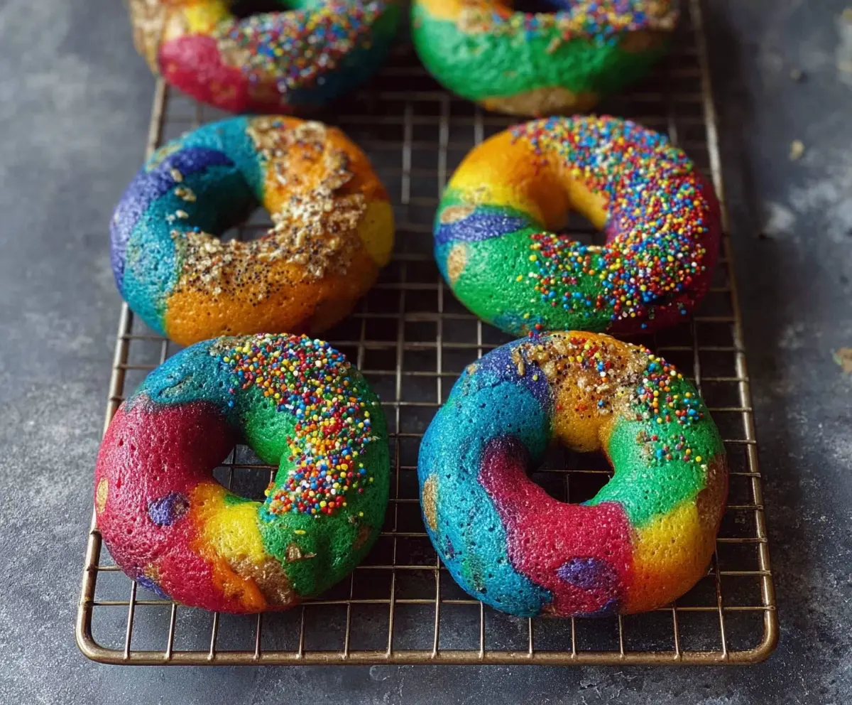 Colorful rainbow bagels with vibrant swirls and a glossy finish, perfect for breakfast or a fun treat.